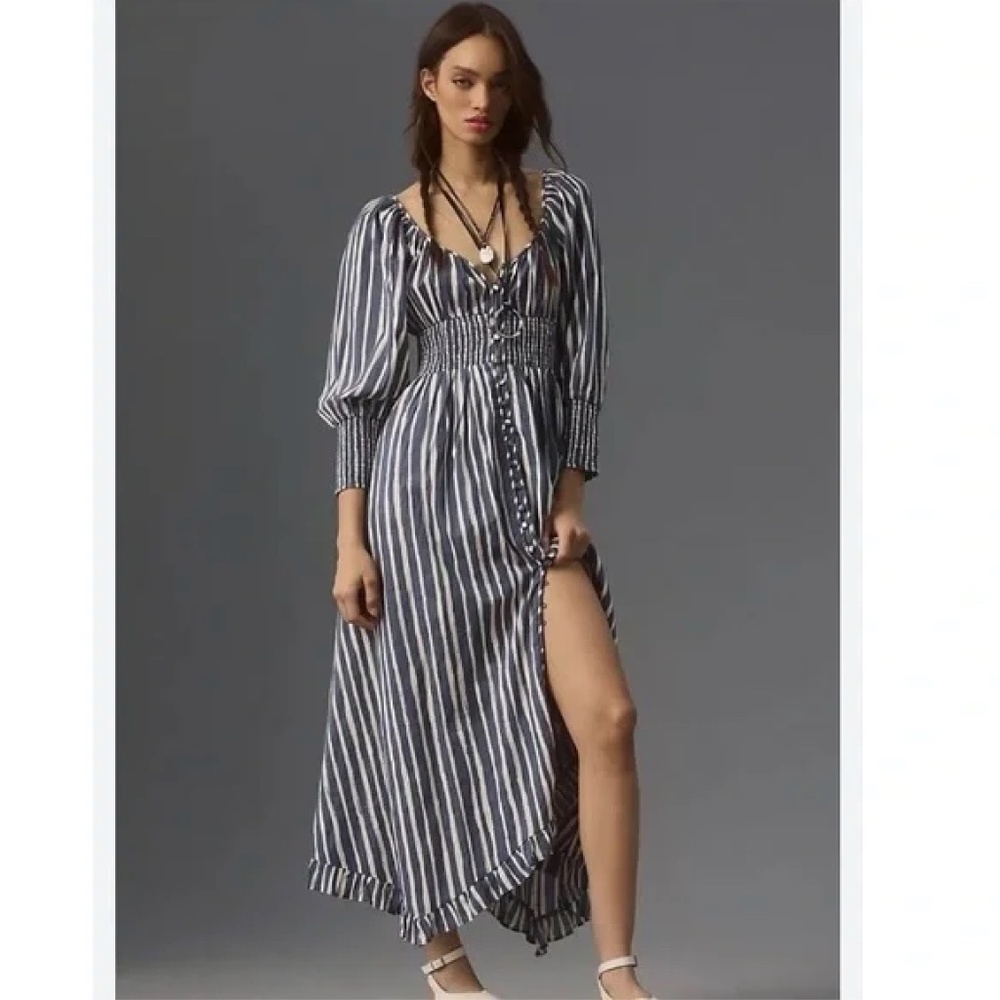 By Anthropologie Long-Sleeve Smocked-Waist Stripe Maxi Dress